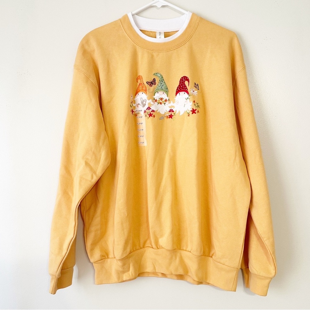 Morning Sun Yellow Gnome Embroidery Sweatshirt Cottagecore XL NWOT